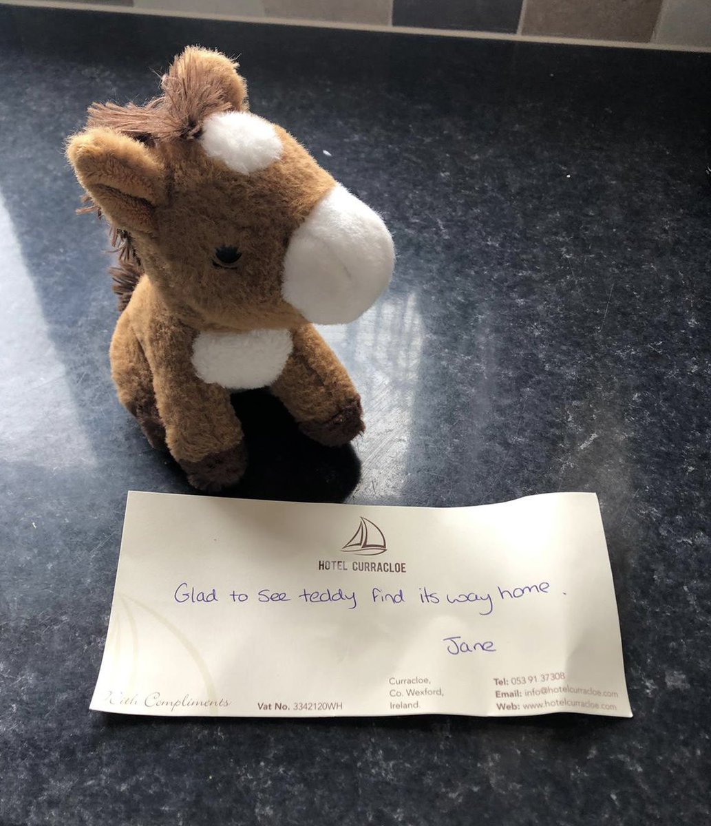Rory McEvoy (@rorymcevoy) on Twitter photo My little girl lost her fav teddy in Curracloe at the weekend. The lovely staff in <a href="/HotelCurracloe/">Hotel Curracloe</a> found him and sent him home.
I expect happy tears when she comes home from school. 😊😊
Thanks so much Jane! My little girl lost her fav teddy in Curracloe at the weekend. The lovely staff in <a href="/HotelCurracloe/">Hotel Curracloe</a> found him and sent him home.
I expect happy tears when she comes home from school. 😊😊
Thanks so much Jane!