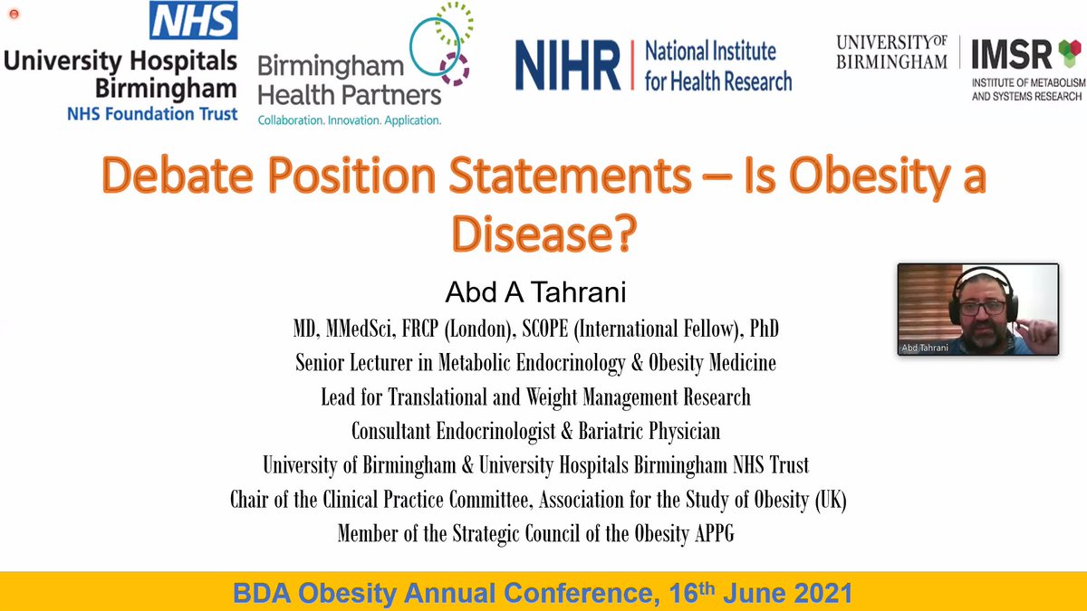 So looking forward to this debate! 'Is obesity a disease?' arguing YES is @AbdTahrani #BDAObesityEvent