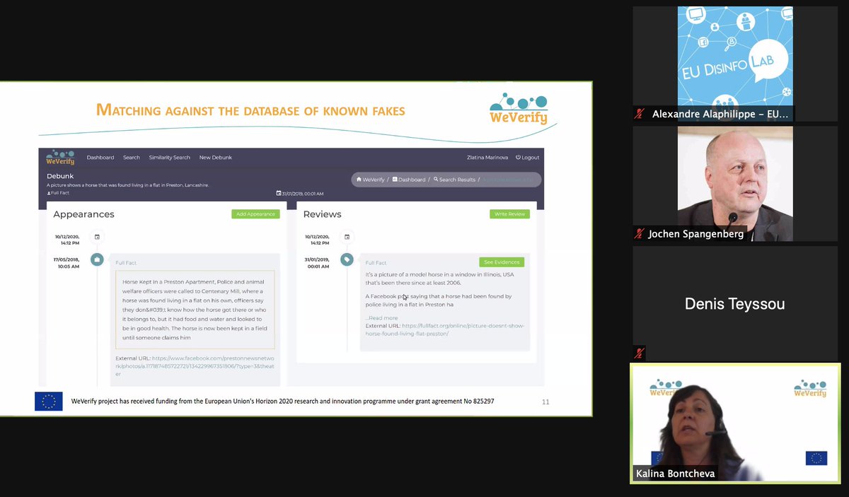 WeVerify's tweet photo. .@kbontcheva presenting many outcomes of our work. From image similarity search to the database of known fakes to domain and content credibility.
#WeVerifyWS https://t.co/c2zh3FYIag
