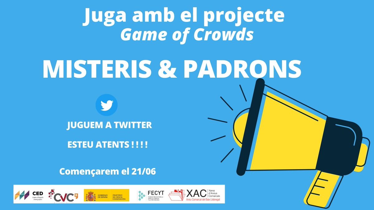 🆕Posem en marxar un nou joc "Misteris &amp; Padrons" per conèixer la demografia històrica del Baix Llobregat. 
📆Del 21 de juny al 2 de juliol, cada dos dies, us proposarem un misteri nou. 
🧐Per resoldre’l podreu utilitzar el cercador onomàstic: http://158.109.8.76/xarxes/