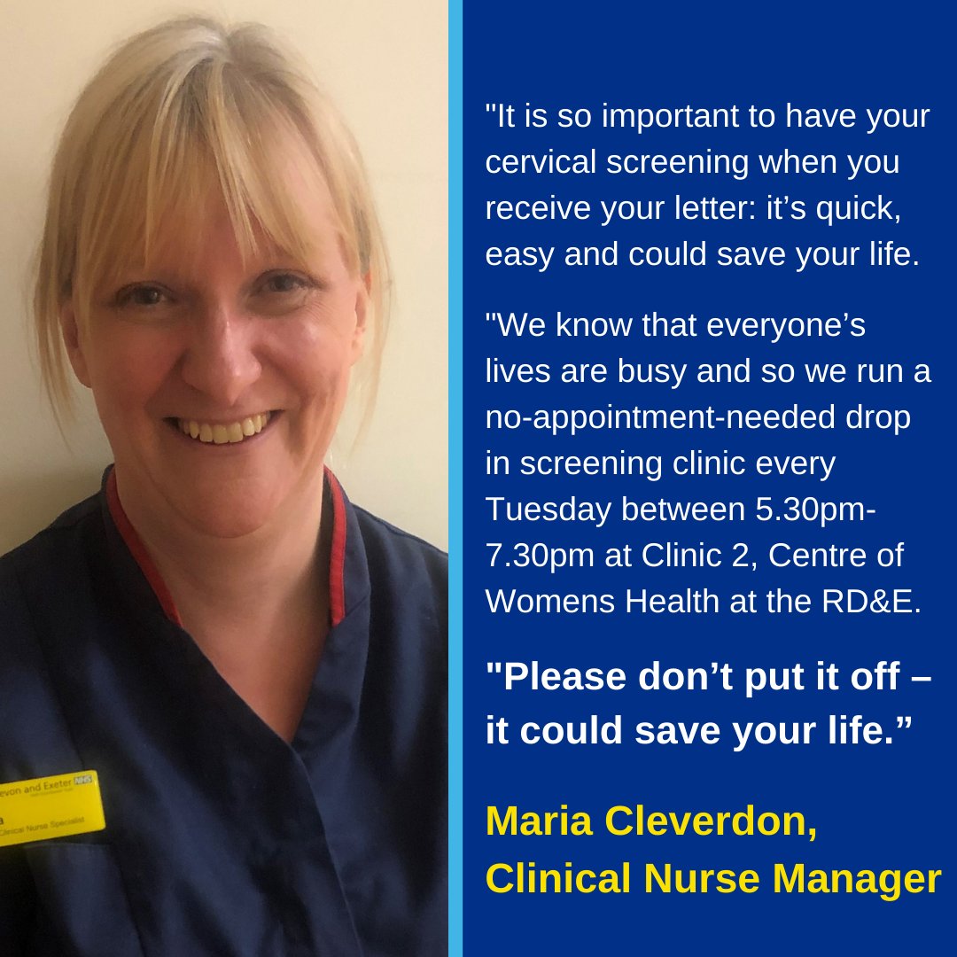 RoyalDevonNHS's tweet photo. This #CervicalScreeningAwarenessWeek, we spoke to Maria Cleverdon, Clinical Nurse Manager, about the importance of attending your cervical screening appointment.

Find out more about our drop-in cervical screening clinics here: https://t.co/7G5OaBa3h7 https://t.co/8PixImdtRf