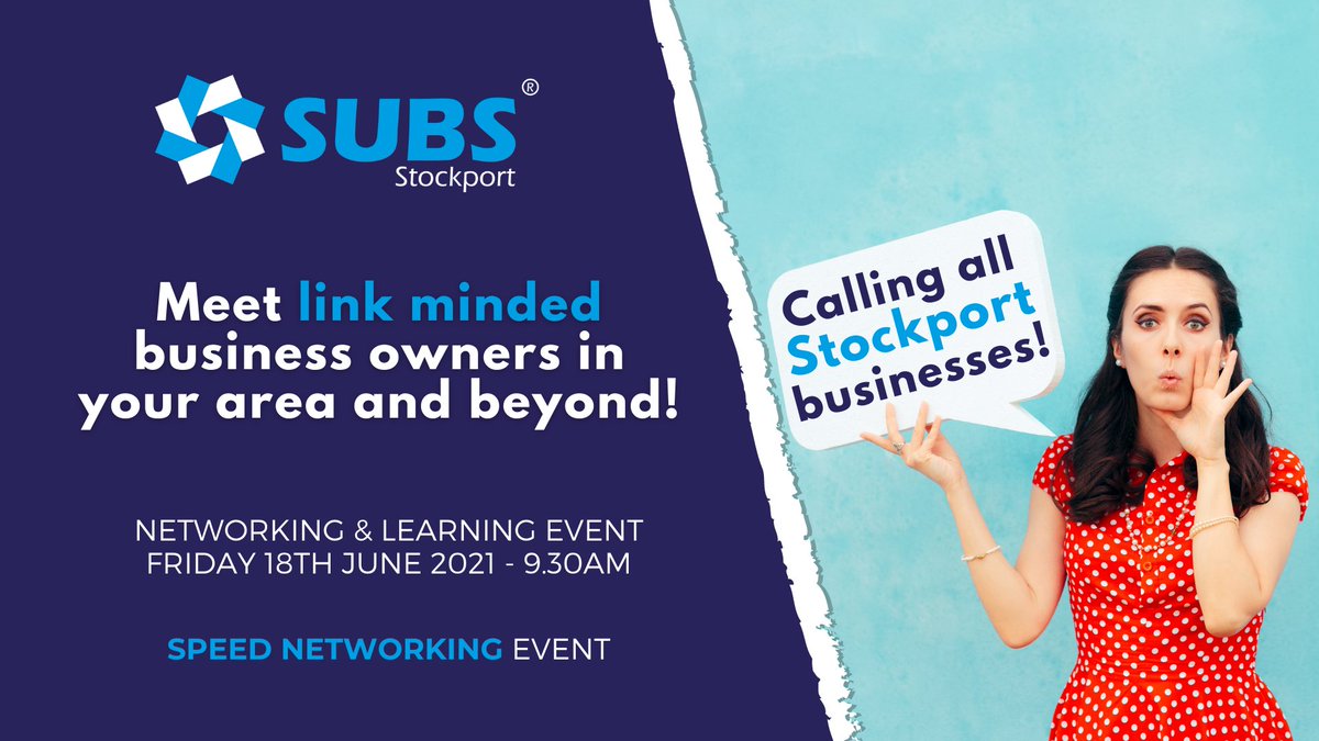 If you’re based in or around the Greater Stockport area, we invite you to join us for our SUBS Stockport #SpeedNetworking Event.

Simply head over to the SUBS Portal or click on here to book your place: portal.subsbusinessevents.co.uk/post/subs-stoc… 

#SUBS #Business #SpeedNetworking #Stockport