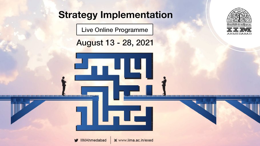 IIMAhmedabad's tweet image. IIMA brings you a live online programme on Strategy Implementation, chaired by Prof. Sunil Sharma, in the month of August.
To learn more, visit, lnkd.in/eKFYGrm
#strategy #strategyimplementation #strategiccommunications #strategymanagement #controlsystems #iima