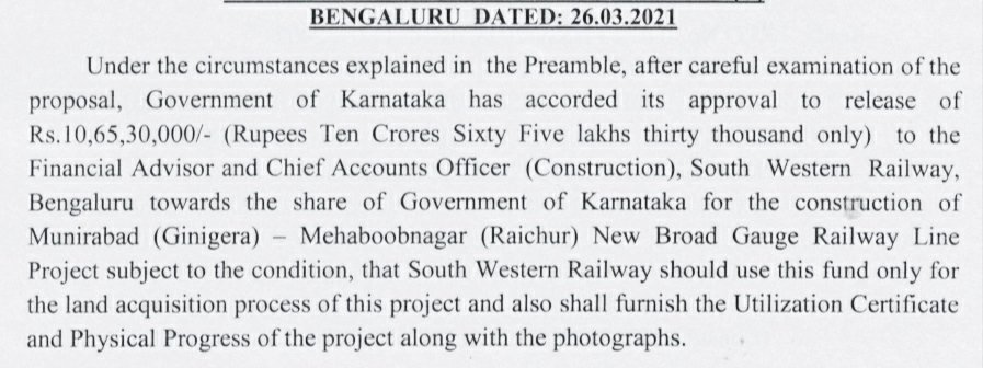 KARailway's tweet photo. Approval for release of funds to the SWR towards the share of GoK for construction of #Munirabad (#Ginigera) - #Mehaboobnagar (#Raichur) new BG line

#Karnataka https://t.co/nboPuU8yxy