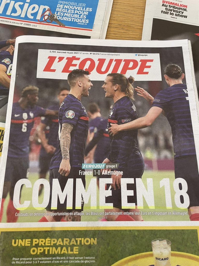 jeromegodefroy's tweet image. Avec une référence au conflit 1914-1918, cette une du journal @lequipe est consternante de connerie belliciste et franchouillarde. France-Allemagne, c’est forcément une guerre ? 
Et quand les tricolores perdront face aux Allemands, le titre sera-t-il “comme en 40” ?