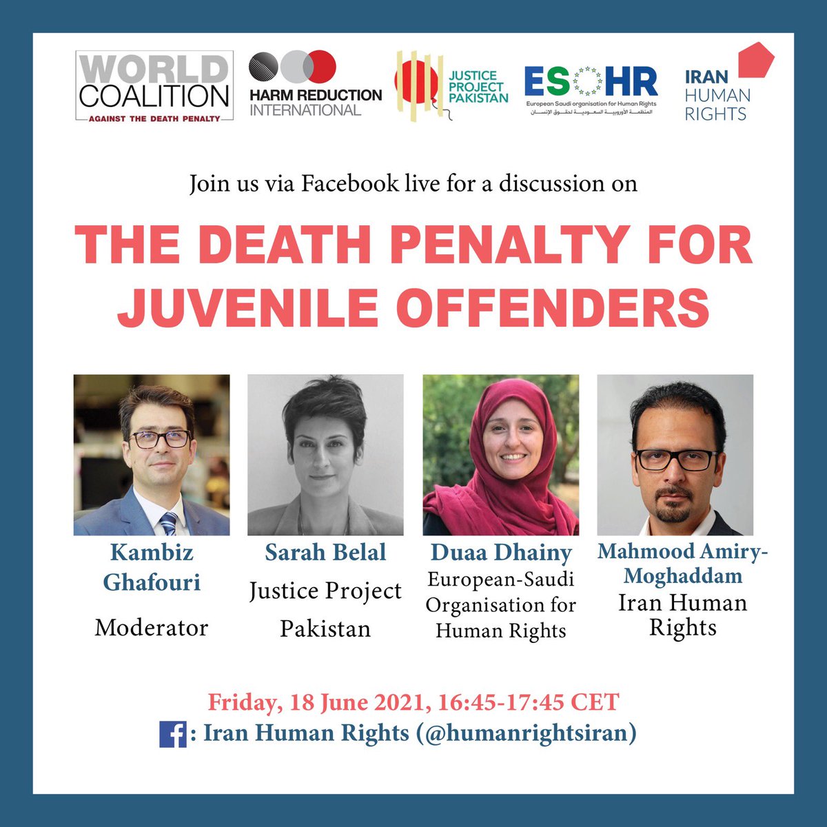 IHRights's tweet photo. JOIN US on Facebook live this Friday as we discuss the death penalty for juvenile offenders in #Iran, #Pakistan and #SaudiArabia following @WCADP's 2021 General Assembly and tweet your reactions using #StopChildExecutions. 

Please RT and share. https://t.co/v7pq4Qtspx