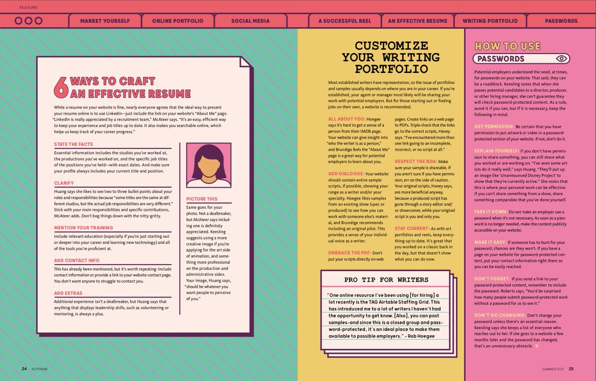 How are more people not talking about this? 🤯

Amazingly comprehensive article about marketing your work for a job in animation from the <a href="/animationguild/">The Animation Guild // #WeAre839</a>'s magazine, <a href="/KeyframeM/">Keyframe Animation Magazine</a>! 😍

View/download a PDF of the whole issue here (article is pgs. 18-25): keyframemagazine.org/wp-content/upl…