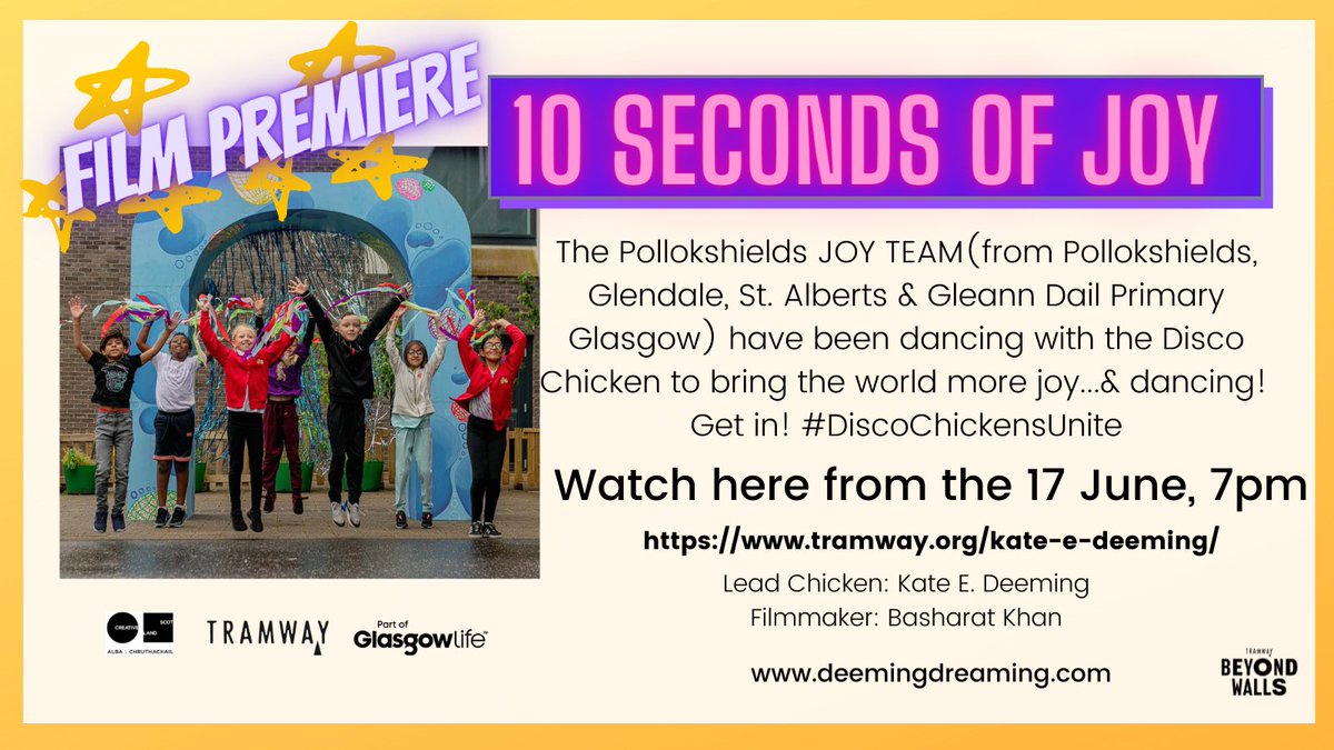 SunriseDances's tweet photo. TOMORROW!  #DiscoChickensUnite Film Premiere of 10 Seconds of #JOY a spectacular #dance happening presented by the children of #Pollokshields #getin @BashArtCreative @GlasgowTramway are ye dancin?  cause i'm askin! @glendalegaelic @StAlbertsG41 @pollokshieldsps https://t.co/7vDjbXHFPT