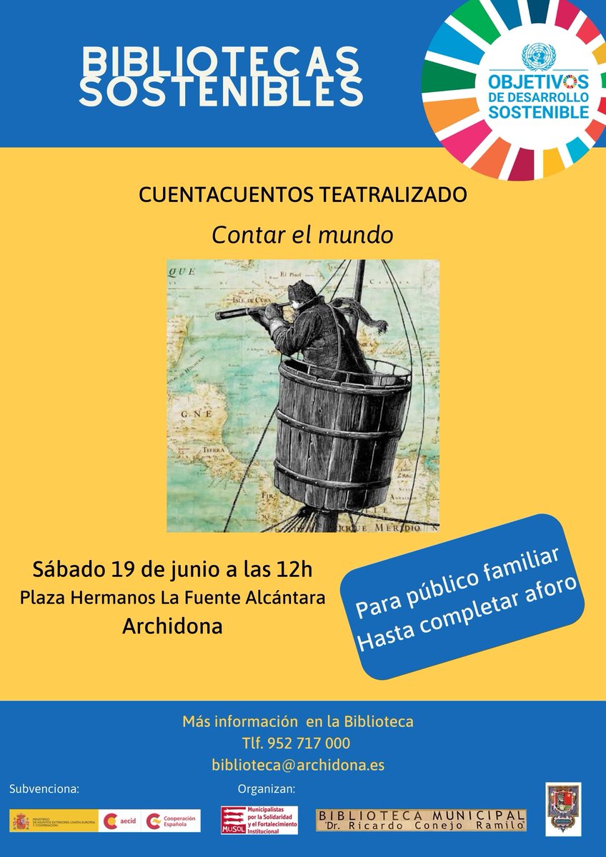 Bibliotecas Sostenibles, es un proyecto  dentro de los #ODS que se lleva a cabo en <a href="/archidonabiblio/">Biblioteca-Archidona</a>  y con <a href="/FMusol/">Fundación MUSOL</a>.  Pora ello se va a realizar un #Cuentacuentos este sábado 19 de junio. Estaís todos invitados
@CGArchidona
<a href="/AyuntArchidona/">Ayunt Archidona</a> 
<a href="/fesabid/">FESABID</a> 
<a href="/asociacionbibli/">AAB</a>