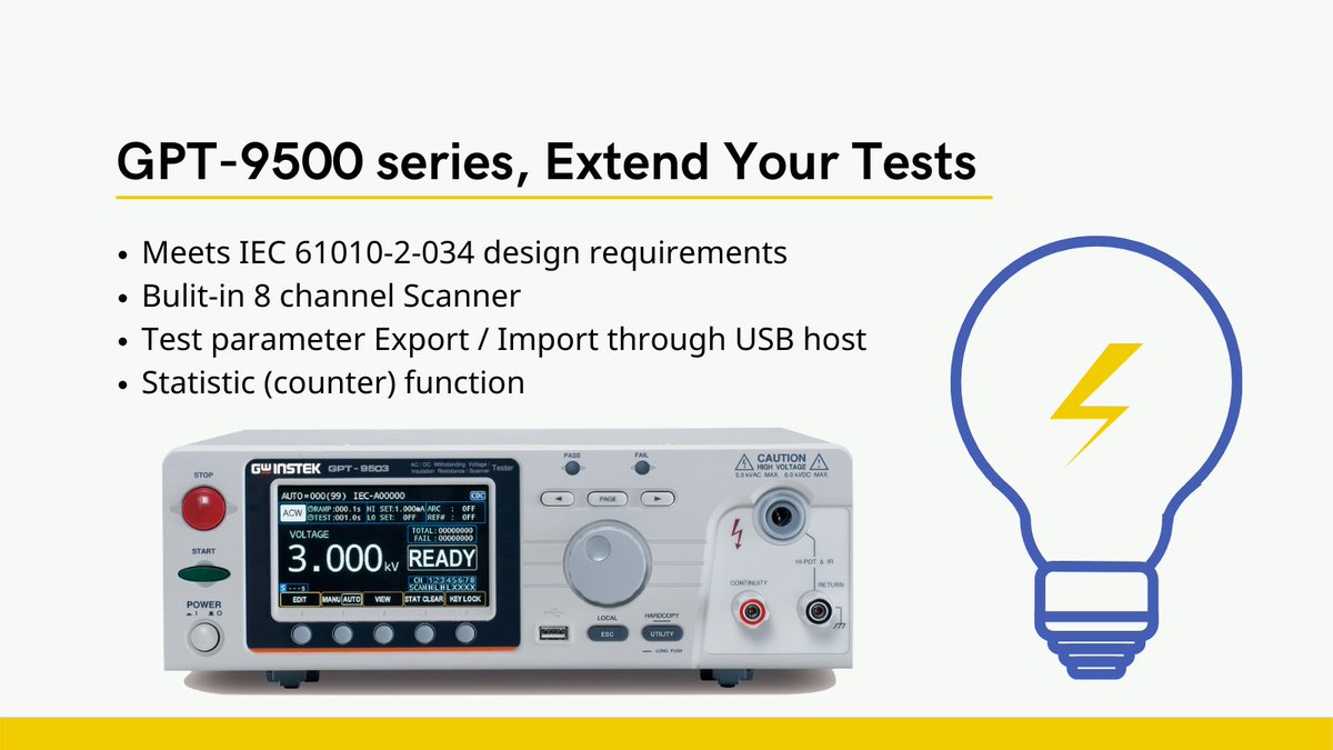 GWInstek's tweet photo. The GPT-9500 series is a three-in-one multi-channel hipot tester. It aims at the needs of the main test items of general electronic components or winding components during routine tests. #hipot #HipotTester
For More detail: https://t.co/g5PuTuA3X4 https://t.co/htCoUIdHd1