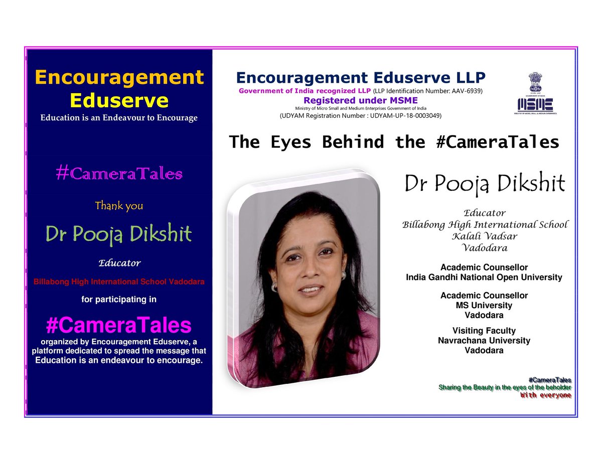 EEduserve's tweet photo. #EncouragementEduserve
#EndeavourToEncourage

#CameraTales

Dr Pooja Dikshit
Educator
Billabong High International School
Kalali Vadsar
Vadodara

https://t.co/xPTC6y4vXZ https://t.co/6KT7LSEpyd