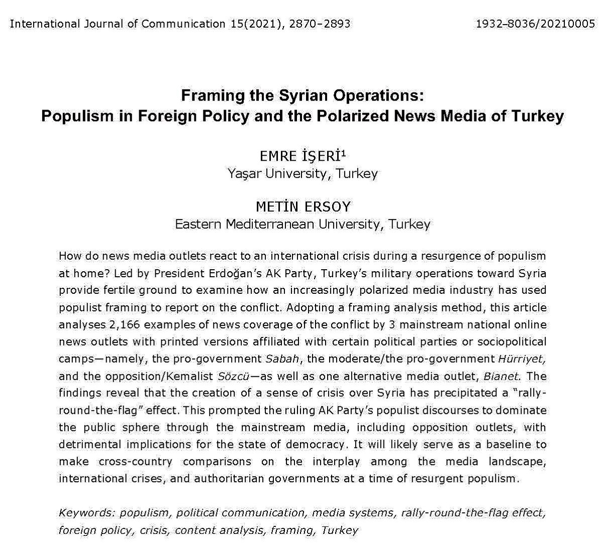Emre Iseri (@emre_iseri) on Twitter photo ✍️ Our study with Metin Ersoy (<a href="/metinersoy15/">Metin Ersoy</a>) on the #media's role in fostering #populism in foreign policy in #Turkey during Syrian operations has been published in open-access ICJ.
ijoc.org/index.php/ijoc… ✍️ Our study with Metin Ersoy (<a href="/metinersoy15/">Metin Ersoy</a>) on the #media's role in fostering #populism in foreign policy in #Turkey during Syrian operations has been published in open-access ICJ.
ijoc.org/index.php/ijoc…