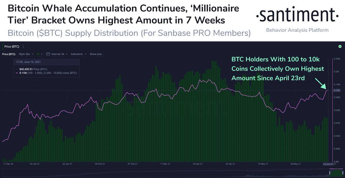 SantimentData's tweet photo. 🐳 #Bitcoin addresses holding between 100 to 10,000 $BTC have accumulated 90,000 more $BTC in the last 25 days. They now hold a 7-week high of 9.11m $BTC, currently worth a total of $366.89 Billion at this time, and 48.7% of the total #Bitcoin supply. 🤯  https://t.co/5B2qmOW2lg https://t.co/eJVSDlEFc3