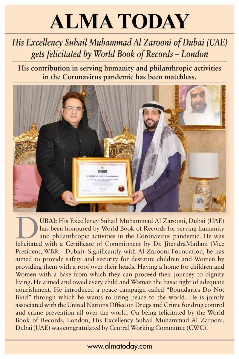 JitendraMatlani's tweet photo. @WbrLondon honors HE @SuhailAlZarooni @JitendraMatlani Vice President WBR bestows the certificate @Dubai HE was congratulated by @iSantoshShukla president WBR London-UK @cgidubai @khaleejtimes @gulf_news @Emirates247 @UAENews @IndoreSmartCity https://t.co/btyGVRC31Y