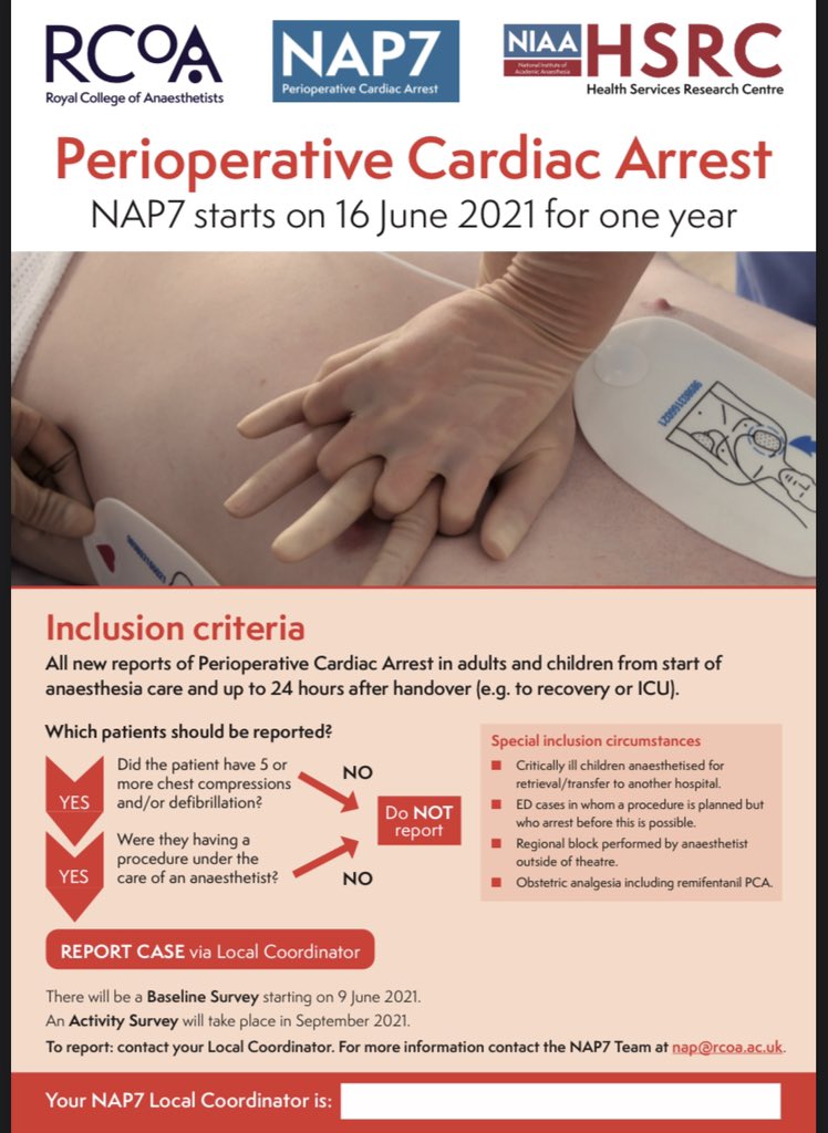NAP7 Perioperative Cardiac Arrest starts today Runs for one year Please report any cases during or within 24 hrs of anaesthetic intervention to your local coordinator nationalauditprojects.org.uk/Local-Resource…