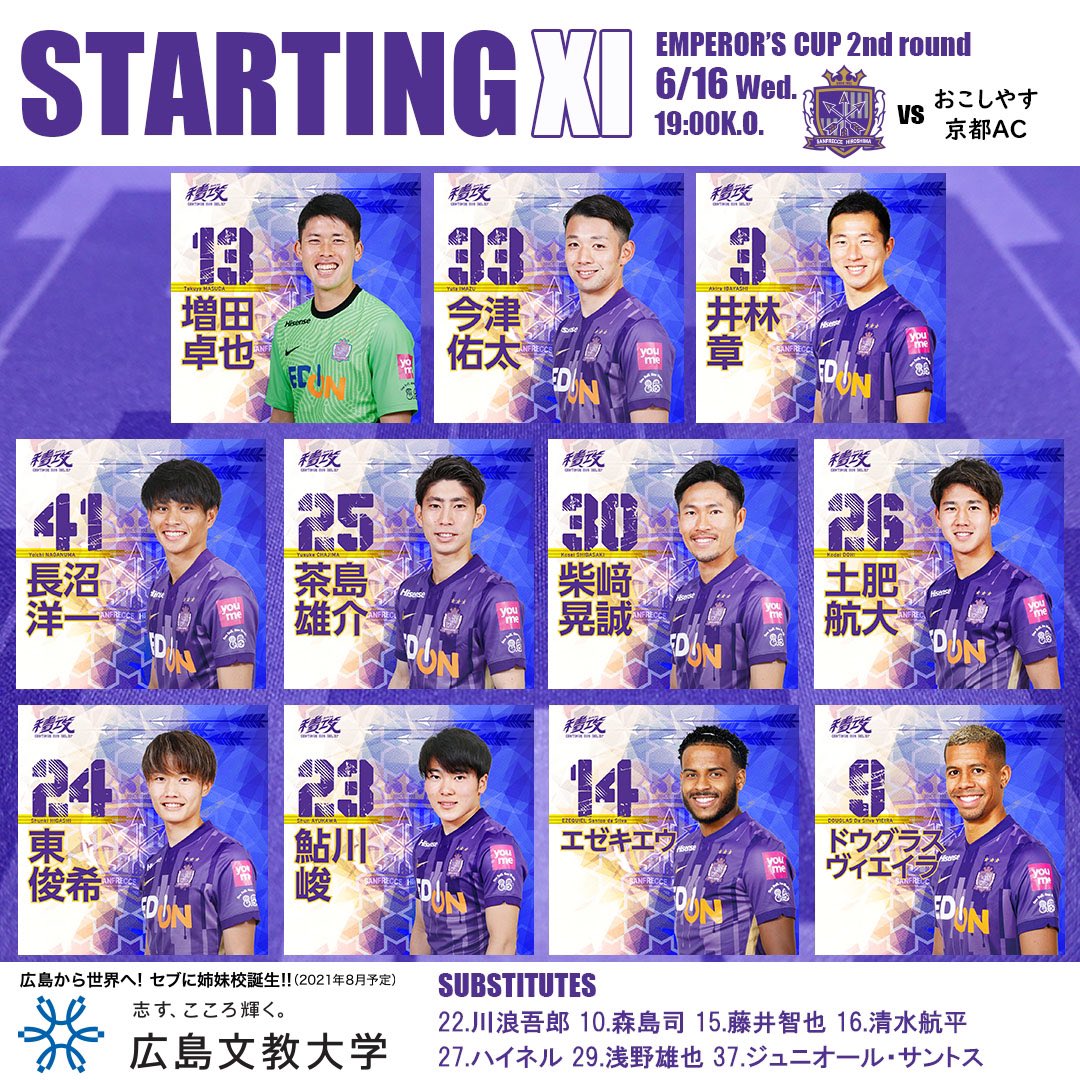 サンフレッチェ広島 公式 天皇杯２回戦 おこしやす京都ａｃ スタメン ｇｋ 増田 ｄｆ 今津 井林 長沼 ｍｆ 茶島 柴﨑 土肥 東 鮎川 エゼキエウ ｆｗ ドウグラス ｓｕｂ 川浪 森島 藤井 清水 ハイネル 浅野 サントス Sanfrecce