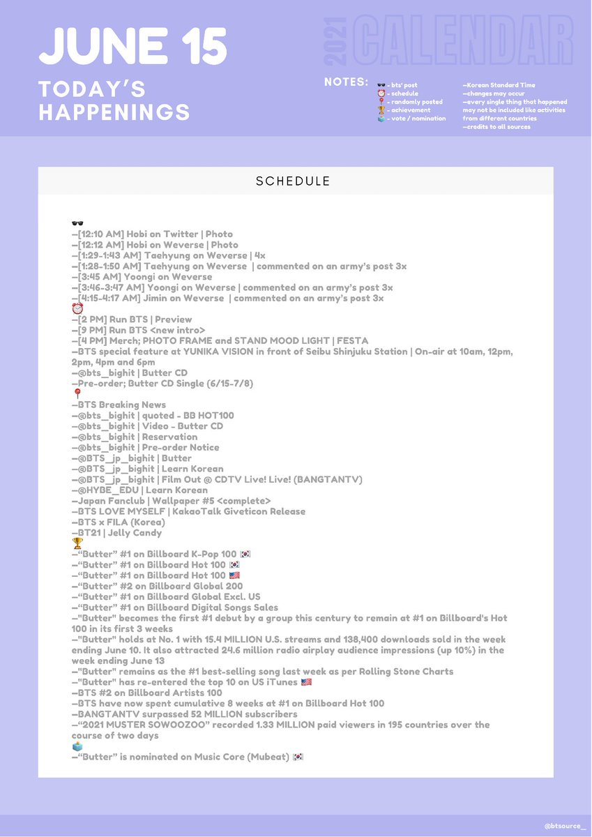 btsource_'s tweet image. 🗓 BTS CALENDAR | 2021
Today’s Happenings: June 15
#BTS #방탄소년단 @BTS_twt