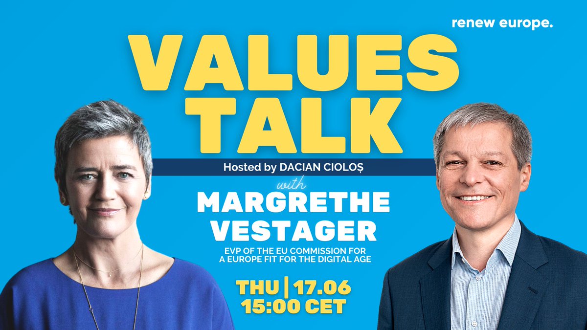RenewEurope's tweet image. Join #RenewEurope's #ValuesTalk with the EVP of 
@EU_Commission @vestager &amp;amp; the President of Renew Europe @CiolosDacian moderated by @BrianMaguireEU to talk about Artificial Intelligence.

 📅Tomorrow at 15h

Send your question or short video &amp;amp; watch here:
bit.ly/3iu9Qu3