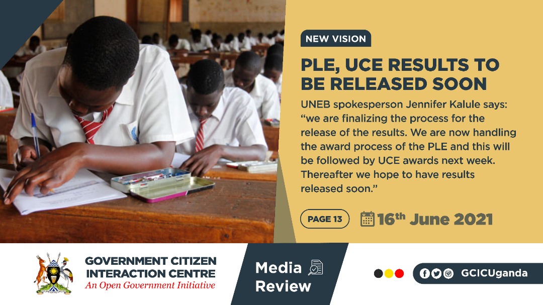 Uganda National Examinations Board (@uneb_ug) on Twitter photo "We are finalizing the process for the release of the results. We are now handling the award process of the PLE & this will be followed by UCE awards next week.Thereafter we hope to have results released soon"- By our Spokesperson Jennifer Kalule
Thank you <a href="/GCICUganda/">Government Citizen Interaction Centre</a> <a href="/MKarekye/">Marcella Karekye</a> "We are finalizing the process for the release of the results. We are now handling the award process of the PLE & this will be followed by UCE awards next week.Thereafter we hope to have results released soon"- By our Spokesperson Jennifer Kalule
Thank you <a href="/GCICUganda/">Government Citizen Interaction Centre</a> <a href="/MKarekye/">Marcella Karekye</a>