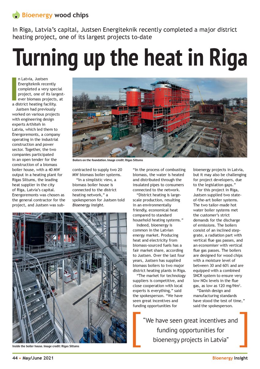 JustsenEnergi's tweet image. Have you read the latest @BioenergyInfo issue? Don't miss out on the one-and-a-half-page spread about one of our largest district heating projects - #Justsen #biomass boilers with a total capacity of 40 MW in Riga.
#rigassiltums #districtheating #bioenergy #Latvia