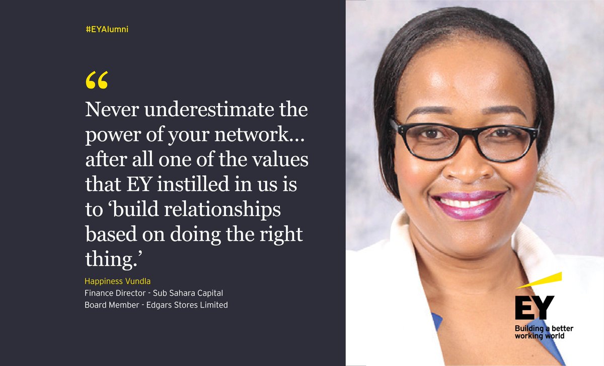 Today we proudly profile #EYAlumni Happiness Vundla! @hvundla is the Financial Director of a private #equity  firm🏢. She is a qualified chartered accountant, board member, mum to Kuda and loves a good 🍷! We celebrate you 🎉🎉🎉 #womenfastforward