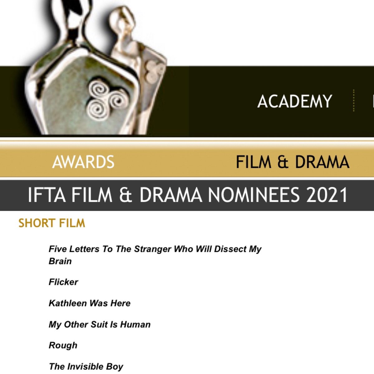 So proud, happy and nearly beyond words that <a href="/MyOtherSuit/">My Other Suit Is Human</a> has been nominated for an #IFTA award from <a href="/IFTA/">Irish Film & Television Academy (IFTA)</a> for best short film!! Thank you to the cast and crew for making this such an awesome film! #IrishFilm #shortfilm <a href="/ScreenIreland/">Screen Ireland</a> <a href="/lfsorguk/">London Film School</a> <a href="/AbhaileFilms/">Abhaile Productions</a>