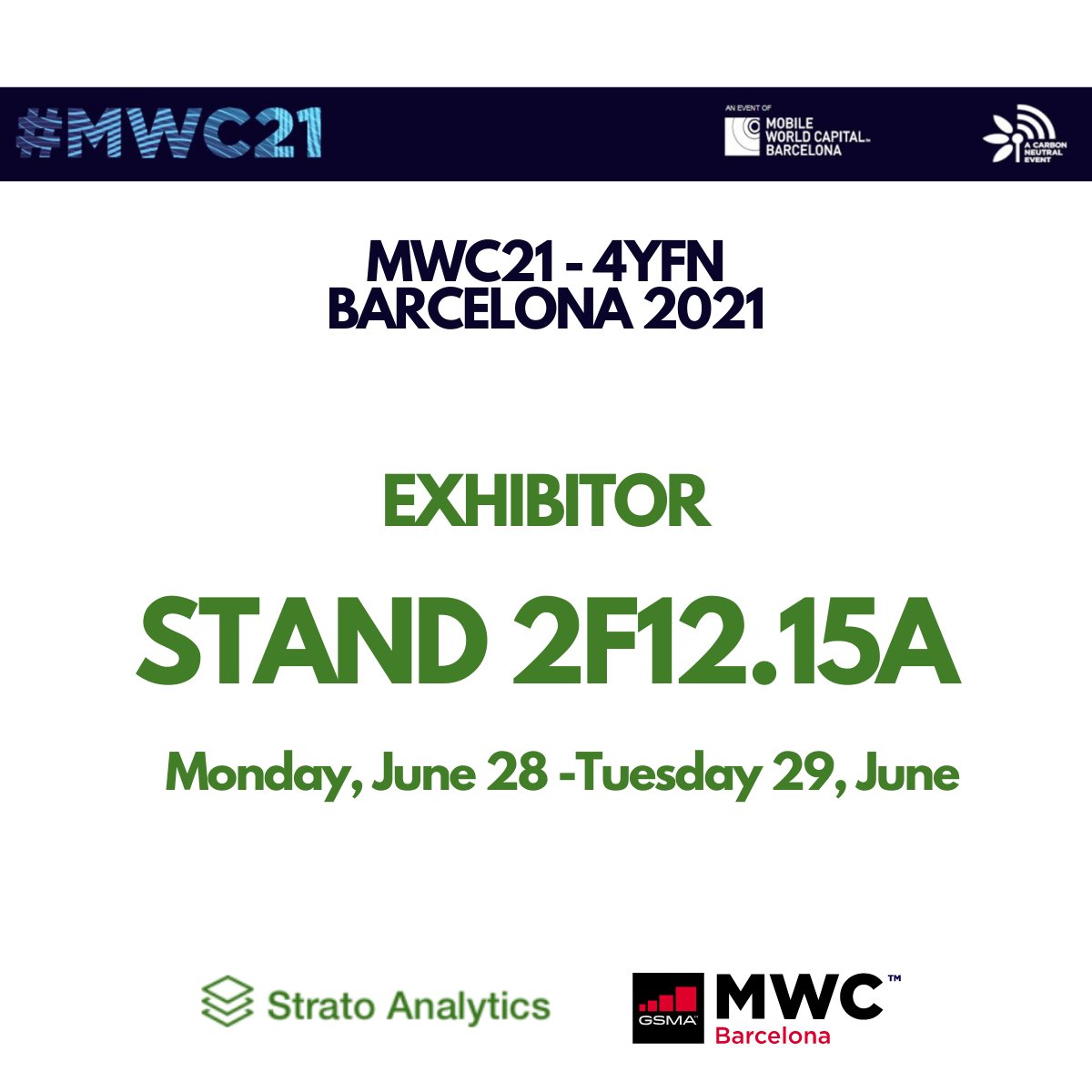 AnalyticsStrato's tweet image. Nos complace anunciar que el 28 y 29 de junio estaremos en el @4YFN_MWC / @MWCHub  presentando nuestras soluciones de #locationintelligence, #geomarketing y #businessinnovation para hacer más competitivo el sector retail
¡Les esperamos!

más información mwcbarcelona.com