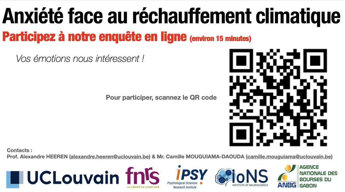 Alexandre Heeren (@alexandreheeren) on Twitter photo ‼️Participez à la grande enquête (@UCLouvain_be / <a href="/frsFNRS/">F.R.S.-FNRS</a>) sur l'ANXIETE FACE AU RECHAUFFEMENT CLIMATIQUE! Lien vers l'enquête:
uclpsychology.co1.qualtrics.com/jfe/form/SV_9o…
#climat #anxiété #UCLouvain #FNRS #ecoanxiété
Investigateurs de l'enquête: <a href="/AlexandreHeeren/">Alexandre Heeren</a> & <a href="/MouguiamaNelson/">Mouguiama Daouda Camille</a> ‼️Participez à la grande enquête (@UCLouvain_be / <a href="/frsFNRS/">F.R.S.-FNRS</a>) sur l'ANXIETE FACE AU RECHAUFFEMENT CLIMATIQUE! Lien vers l'enquête:
uclpsychology.co1.qualtrics.com/jfe/form/SV_9o…
#climat #anxiété #UCLouvain #FNRS #ecoanxiété
Investigateurs de l'enquête: <a href="/AlexandreHeeren/">Alexandre Heeren</a> & <a href="/MouguiamaNelson/">Mouguiama Daouda Camille</a>