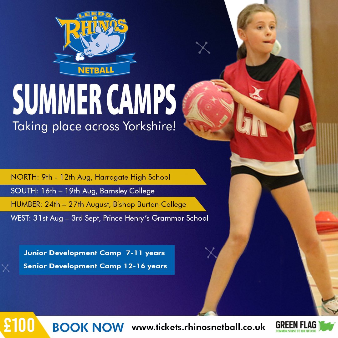 🏐Check out <a href="/RhinosNetballSL/">NIC Leeds Rhinos Netball</a> Summer Camps!
If you're aged between 7 and 16, book onto one of 4 Summer Camps around Yorkshire and don't miss the chance to develop your netball skills and meet Rhinos’ star players!
More➡️ [tickets.rhinosnetball.co.uk]