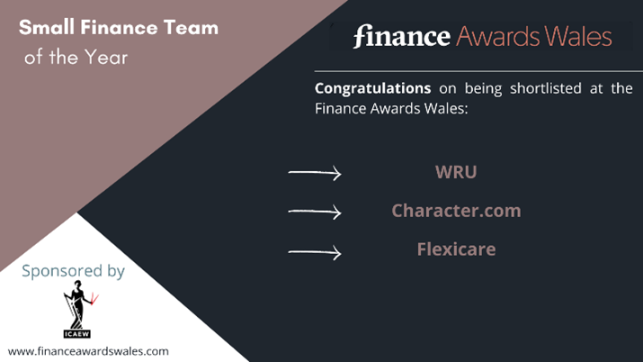 finawardswales's tweet photo. Congratulations to @WRU, @characterdotcom and @flexicaremed 
for being shortlisted in the Small Finance Team (up to 10 staff within the team) category. 

Sponsored by: @ICAEW_Wales 
#FinanceAwardsWales #Finance #Shortlist https://t.co/2btyLItqvL