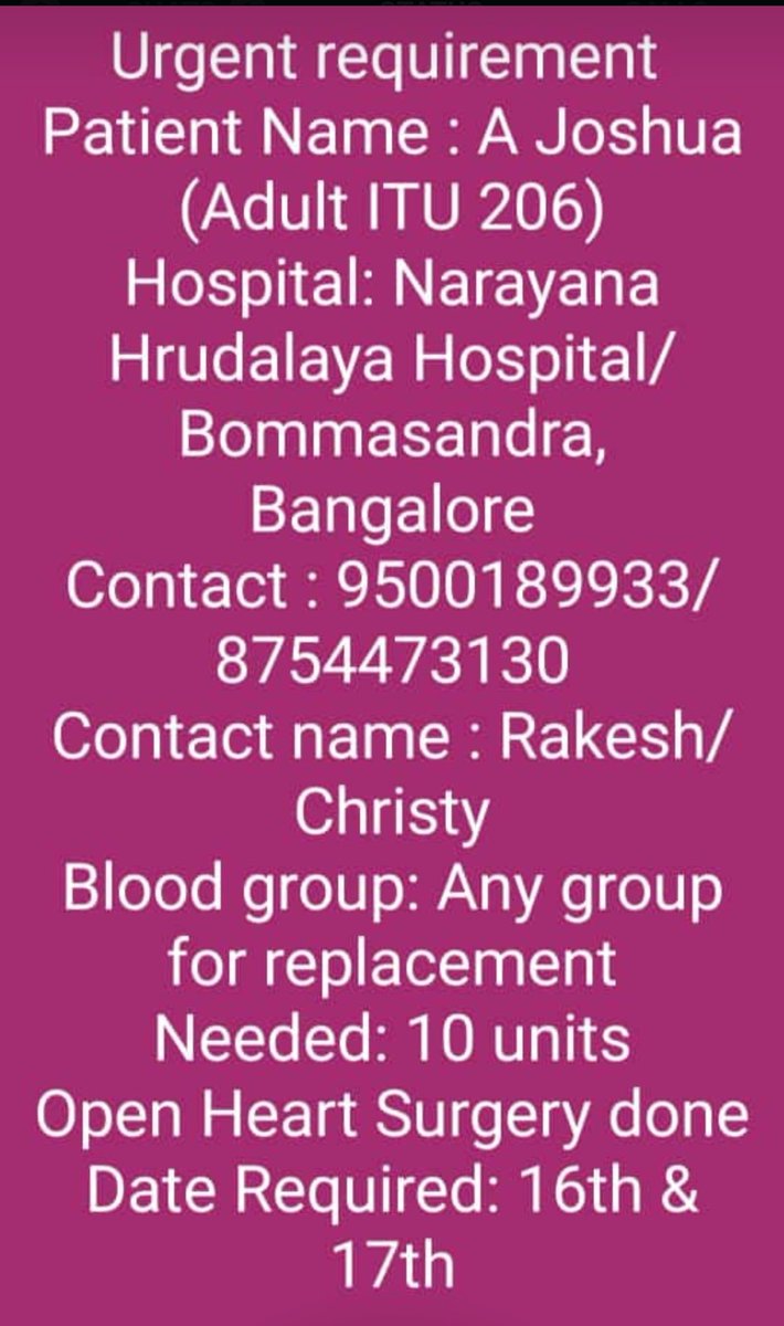 arjunmeninblue's tweet photo. Verified..urgent requirement.... Please help @srinivasiyc @DKShivakumar @IYC @BloodDonorsIn @SonuSood https://t.co/42cchfy0NG