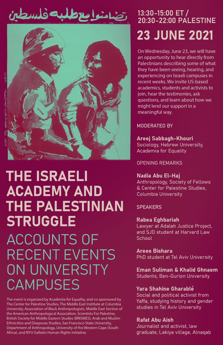 Please join this event on "The Israeli Academy and the Palestinian Experience" to hear directly from Palestinian academics, students and activists about their experiences on Israeli campuses. Organised by Academia for Equality. 23rd June 20.30 - 22.00 Palestine time.