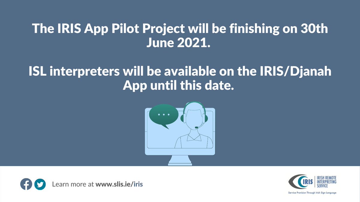 SLIS_Ireland's tweet image. We are nearly at the end of the #IRIS Pilot Project. 

👉If you need an #ISLinterpreter, please click on the link slis.ie/iris/#book-an-… for the IRIS pre-booking service. 

You can still use the App until the end of the month.

#deafcommunity #ISLinterpreters #vrs