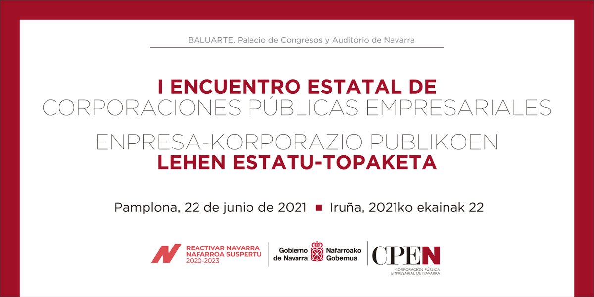Si te interesa conocer los retos, prospectiva y tendencias en el sector público empresarial, no te pierdas el I Encuentro de Corporaciones Públicas Empresariales que organiza @CPEN_Navarra el próximo martes 22. Info y registro 👉 bit.ly/2U8kYmh #MeetingCorporaciones
