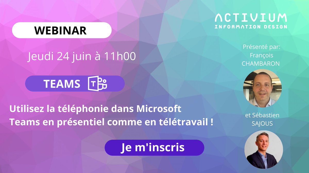 ACTIVIUMID's tweet image. Aujourd’hui, offrez à vos collaborateurs une nouvelle expérience de communication en ajoutant la téléphonie dans Microsoft Teams.
Venez découvrir comment, avec nous lors de notre webinar, le jeudi 24 juin à 11h.

📅 Pour s'inscrire👉bit.ly/3www7eS
#téléphonie #teams