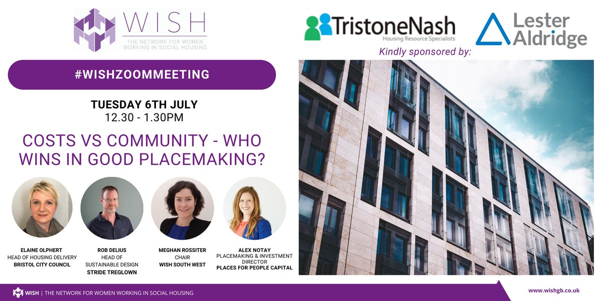 What does #placemaking mean to you? We'll be talking about the need for great places and how to deliver on aspirations from <a href="/aknotay/">Alexandra Notay Hon MRTPI</a>, <a href="/RobDelius/">Rob Delius</a> and Elaine Olphert <a href="/BristolCouncil/">Bristol City Council</a>. 

#GetInvolved #LetsTalk #womeninsocialhousing @wish_gb  tinyurl.com/wishwebinar