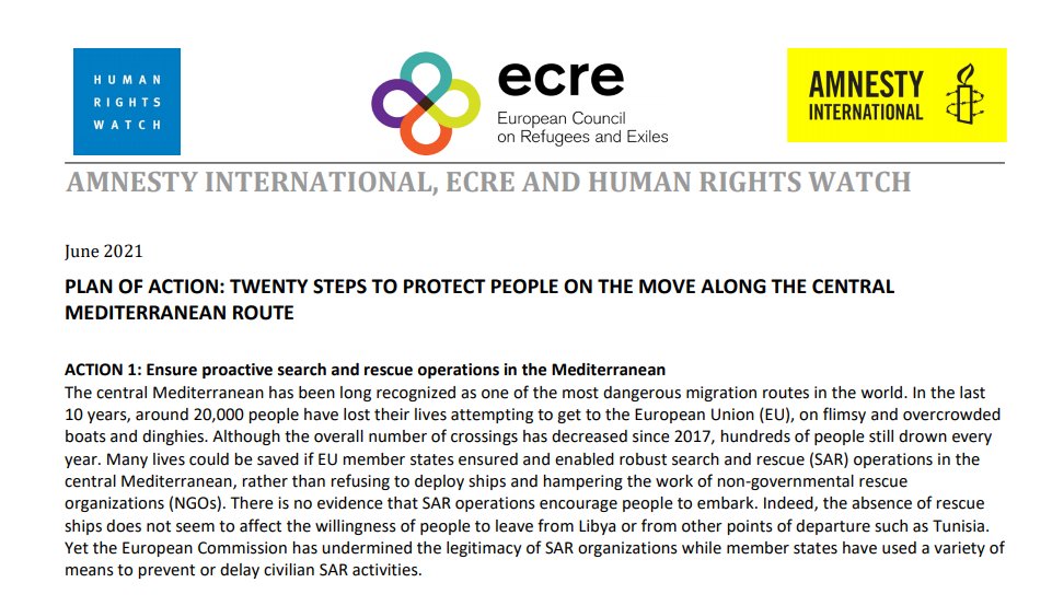 ecre's tweet photo. Hundreds of people drown every year in the central #Med while EU MS refuse to deploy ships and hamper NGO’s SAR activities
📢End the tragedy, it’s #HardlyRocketScience
👉@amnesty, @ecre & @hrw outline 20 steps how: https://t.co/iZ8b1KVa0N https://t.co/hhDeSmhiLA