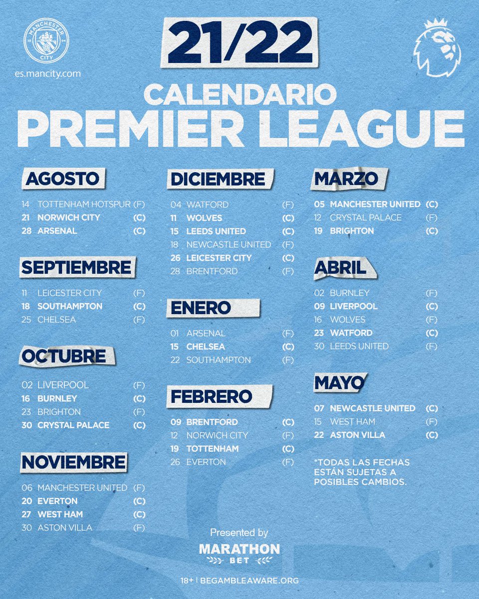 Twitter 上的 Manchester City："¡Nuestro calendario para la @premierleague 🔵 #MCFCEspañol | https://t.co/EthAjgGL5o / Twitter