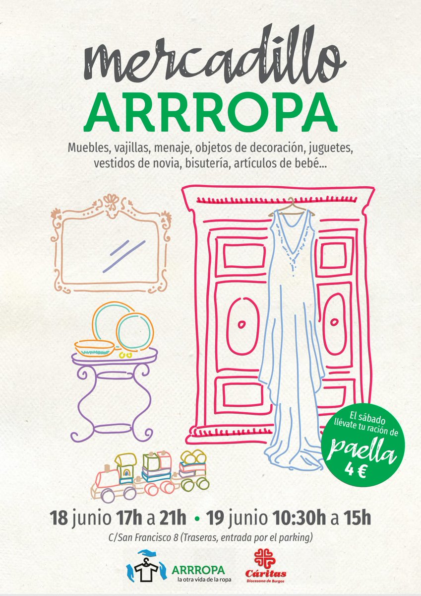 arrropaburgos's tweet photo. ¡Mercadillo ARRROPA!
18 y 19 de junio.
Tendremos muebles, vajilla, juguetes, vestidos de novia, bisutería, artículos de bebé...
#arrropaburgos #arandadeduero #burgos #mirandadeebro #segundamano #consumoresponsable #LaOtraVidaDeLaRopa  #reutilizar #reciclar #reducir 
#mercadillo https://t.co/VIgYnhblrW