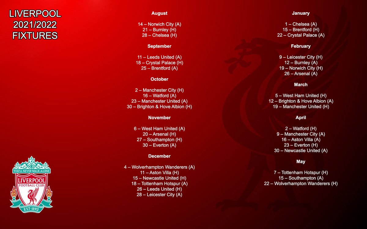 Liverpool Fixtures for 2021/22.

All dates subject to change.

#LFC #FixtureReleaseDay