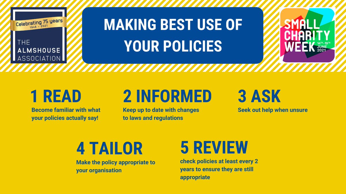 Today is Policy Day as part of @SCWeek2021. This gives us a great opportunity to remind our members how to make best use of your policies! #SmallCharityWeek #SupportAlmshouses