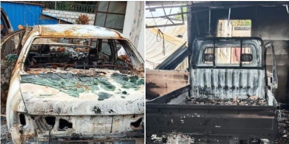 nslwin's tweet photo. DEMOSO, Karenni (Kayah) State:

Civilian cars were set on fire by SAC Terrorists. 

#June16Coup #WhatsHappeningInMyanmar #MilkTeaAlliance https://t.co/DQRhwcx4OY