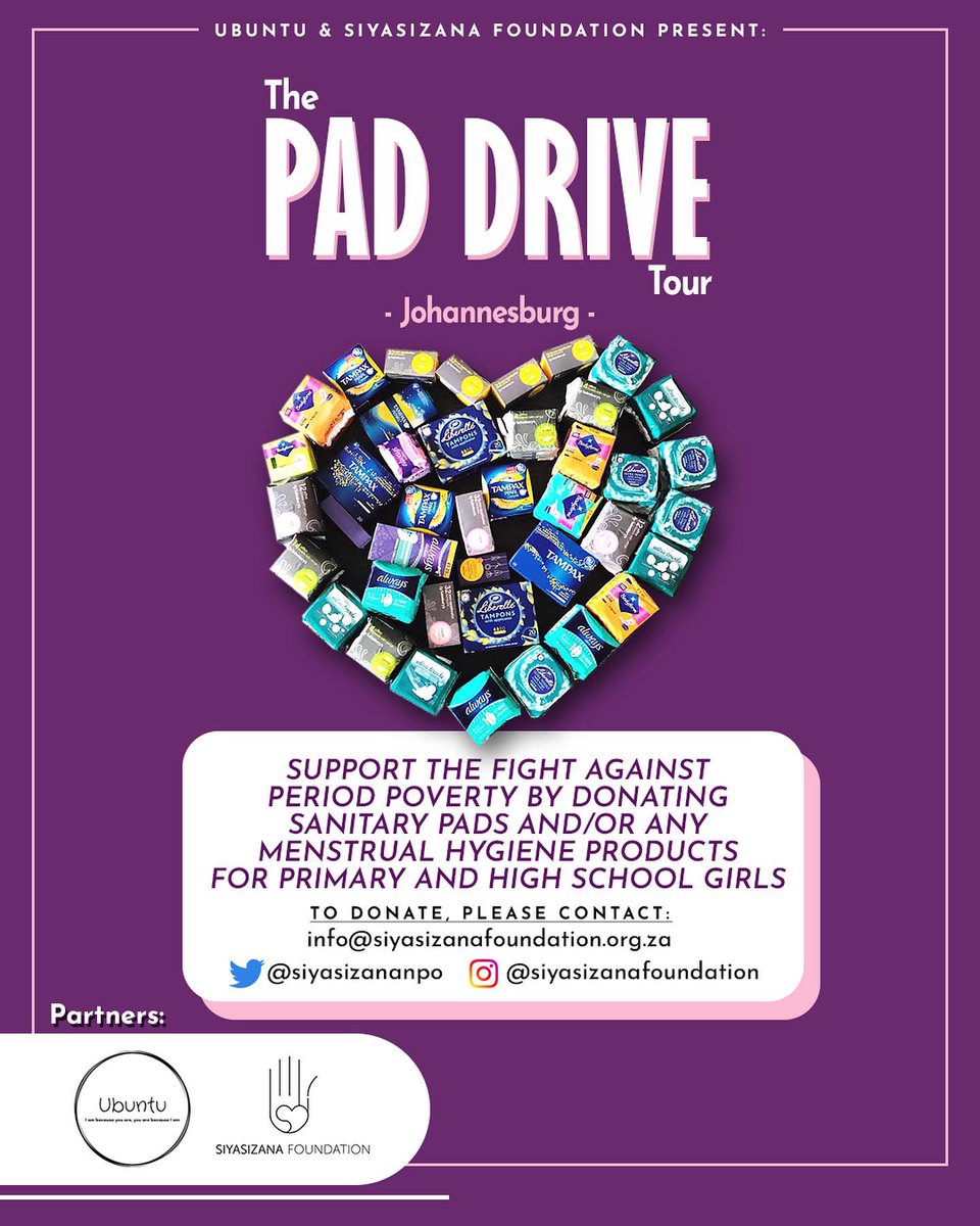 siyasizanaNPO's tweet photo. SANITARY PAD DRIVE 🌸
Coming together to play our part in period poverty eradicating, we have collaborated with UbuntuNPO for our annual sanitary pad drive. Please contact us or donate funds to play your part in helping girls and women in need #offeringahelpinghand https://t.co/vsh7PA2hDH
