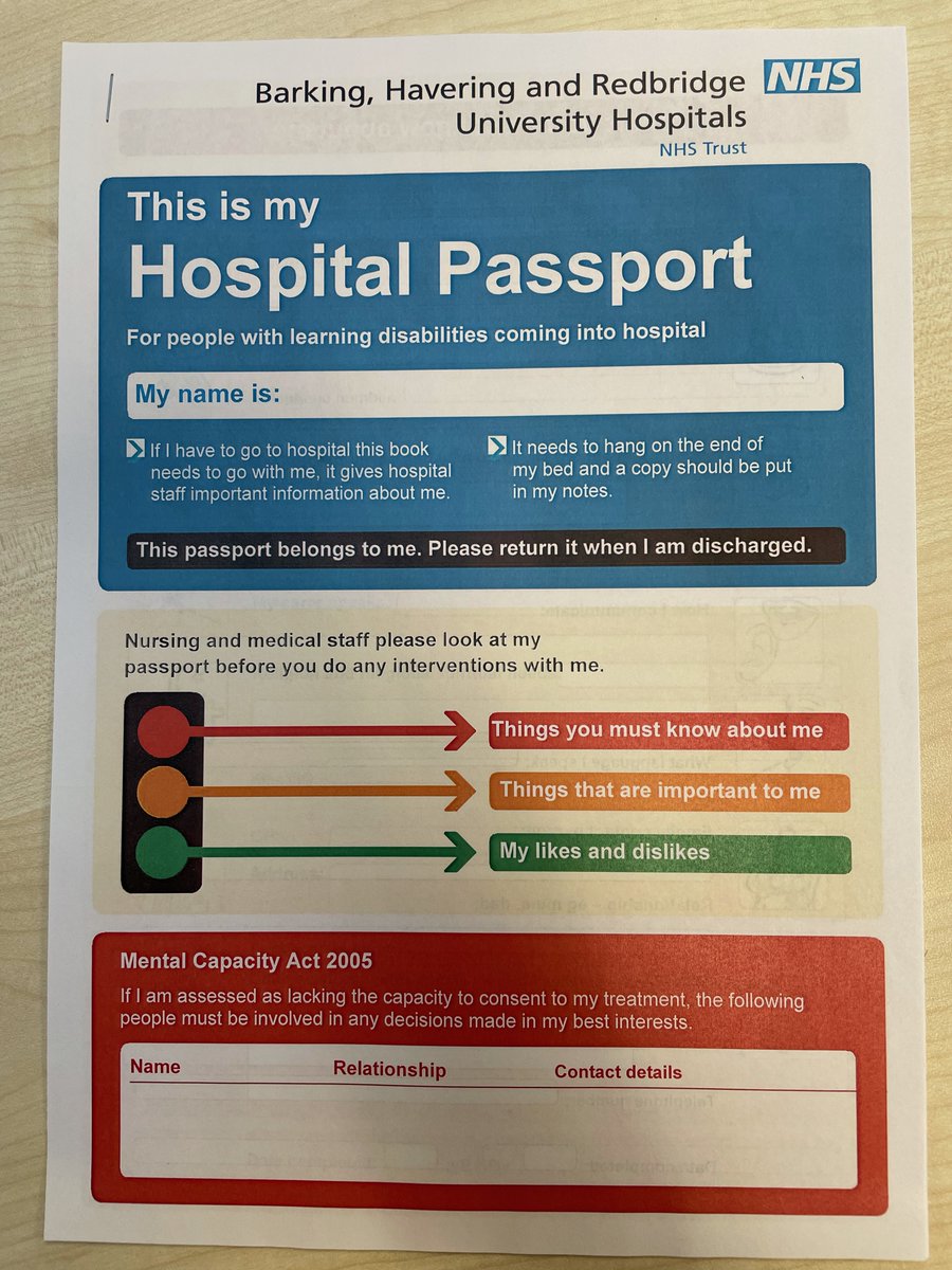 BhrutLDTeam's tweet image. The Hospital Passport, often described as a life saver by colleagues in the Emergency Department &amp;amp; Hospital Wards. If you see it, read it.
Always ask a patient with LD if they have one. If not, you can provide one which is in your LD Resource Folder, found in all clinical areas