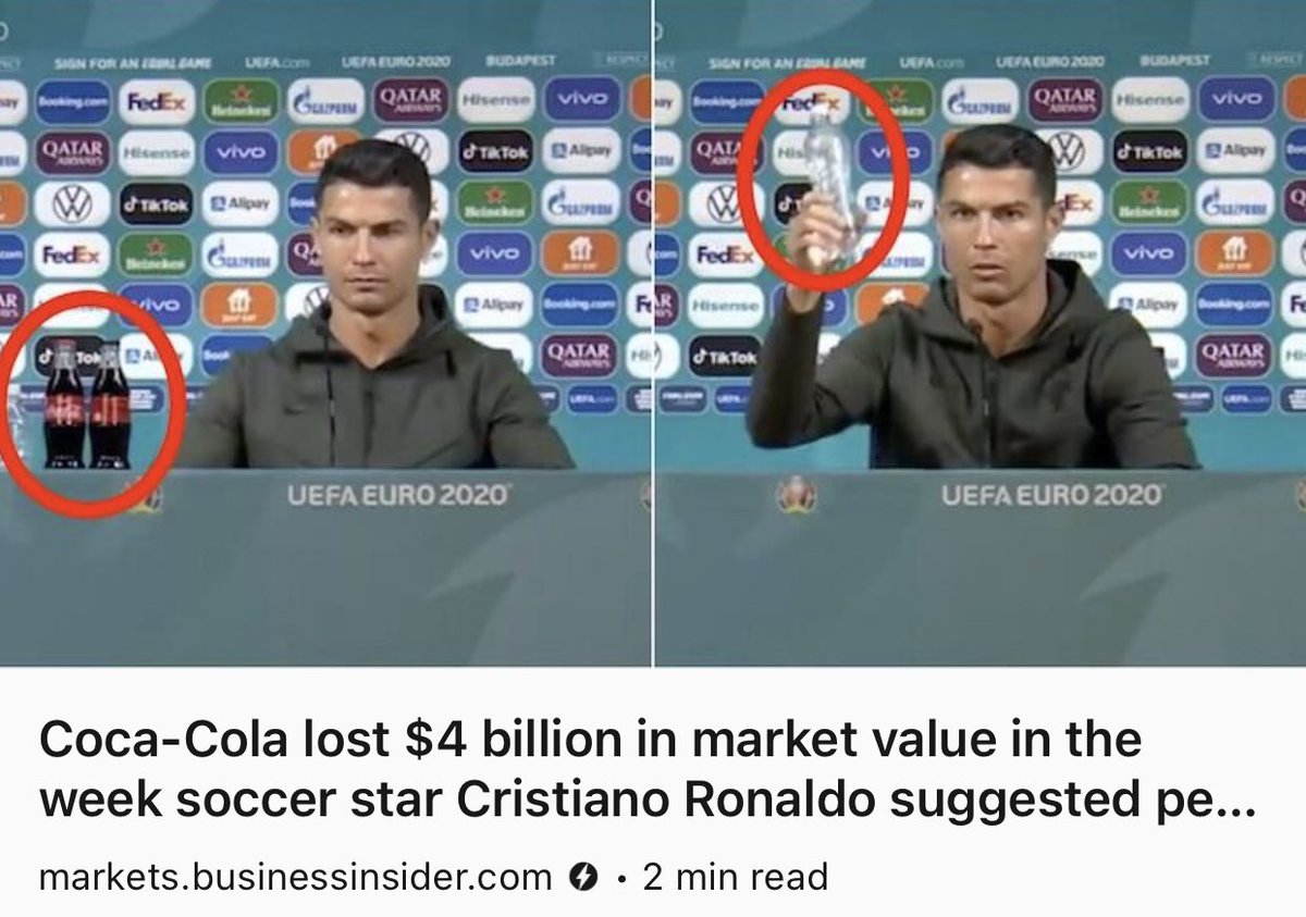 What is the impact of #SocialMedia and #influencers? Coca-Cola lost $4 billion in market value in the week #soccer ⚽️ star #CristianoRonaldo suggested people should drink water | Markets Insider

#socialselling #influencer #marketing #influencermarketing 

markets.businessinsider.com/news/stocks/eu…