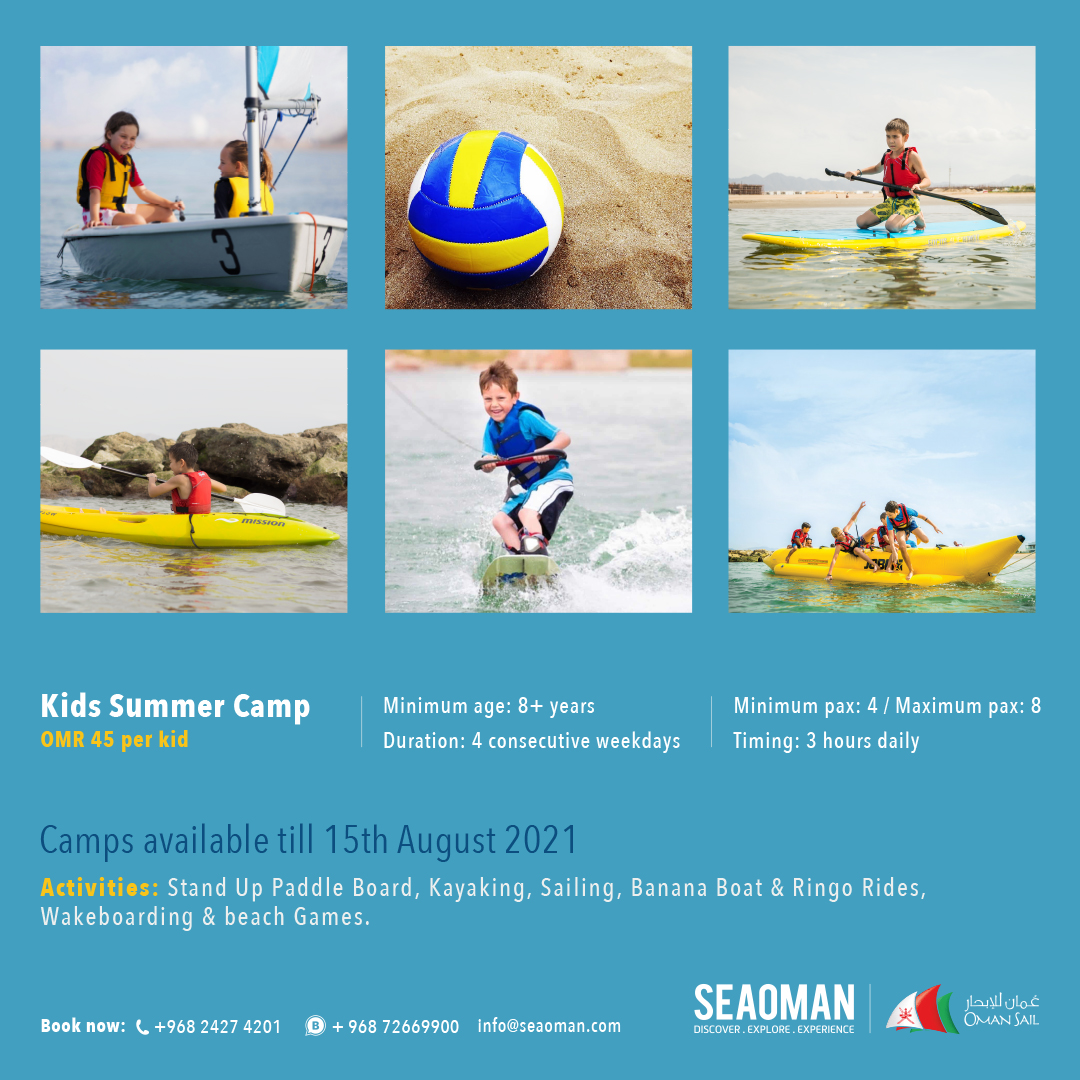 Welcome summer☀️

Beat the summer heat with our summer camp for kids and experience our most enjoyable water activities 🏄🏻‍♂️⛵🤩

👦🏻8+ years
📅 4 consecutive weekdays
👥 4-8 people
⏰ 3 hours a day
🥤 Drinks provided
✅Valid until 15th August 2021

Book now:
wa.me/96872669900/