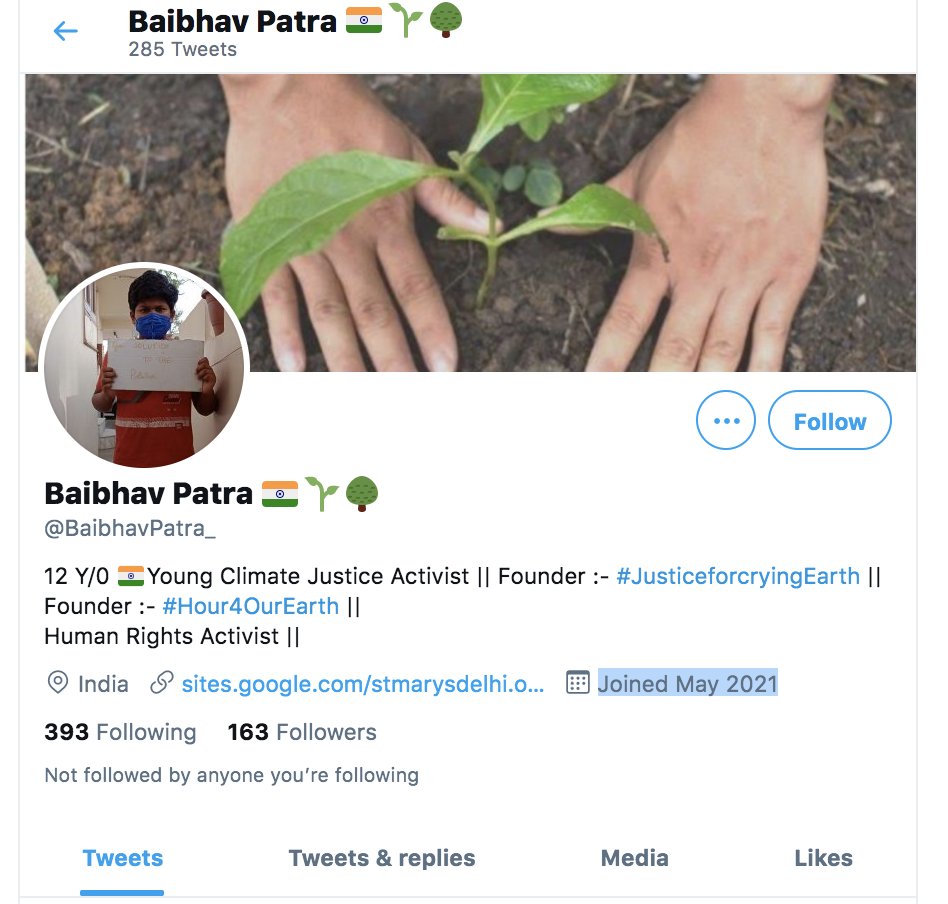  #FridaysForFuture Thread about actors:Story about BillionairesForFuture fresh "activists"Meet Baibhav Patra.Baibhav follows 100s of FFF accounts, is followed by "mommy" Janine,who follows same 9 people as Greta in first 49 followsHas friend activist with the same pattern: