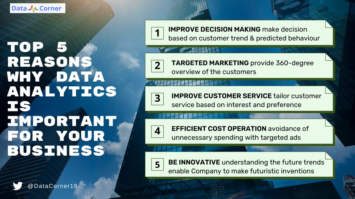 The top 5 reasons why data analytics is important for your business and how it will help your business to grow? 
We’re always here to analyze your business problem.  Visit us today at data-corner.com.
#DataAnalytics #datascience #businessintelligence #Insights #datadriven