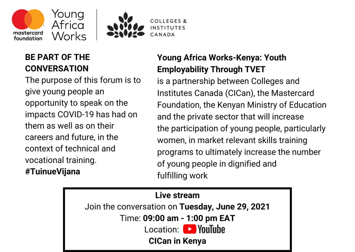 We will be engaging young people in conversations on the impacts COVID-19 has had on them as well as on their careers and future.

Mark your calendars for June 29, 2021, from 9:00 am to 1:00 pm (EAT).
YouTube link to follow.
#TuinueVijana 
#YoungAfricaWorks #youthemployment