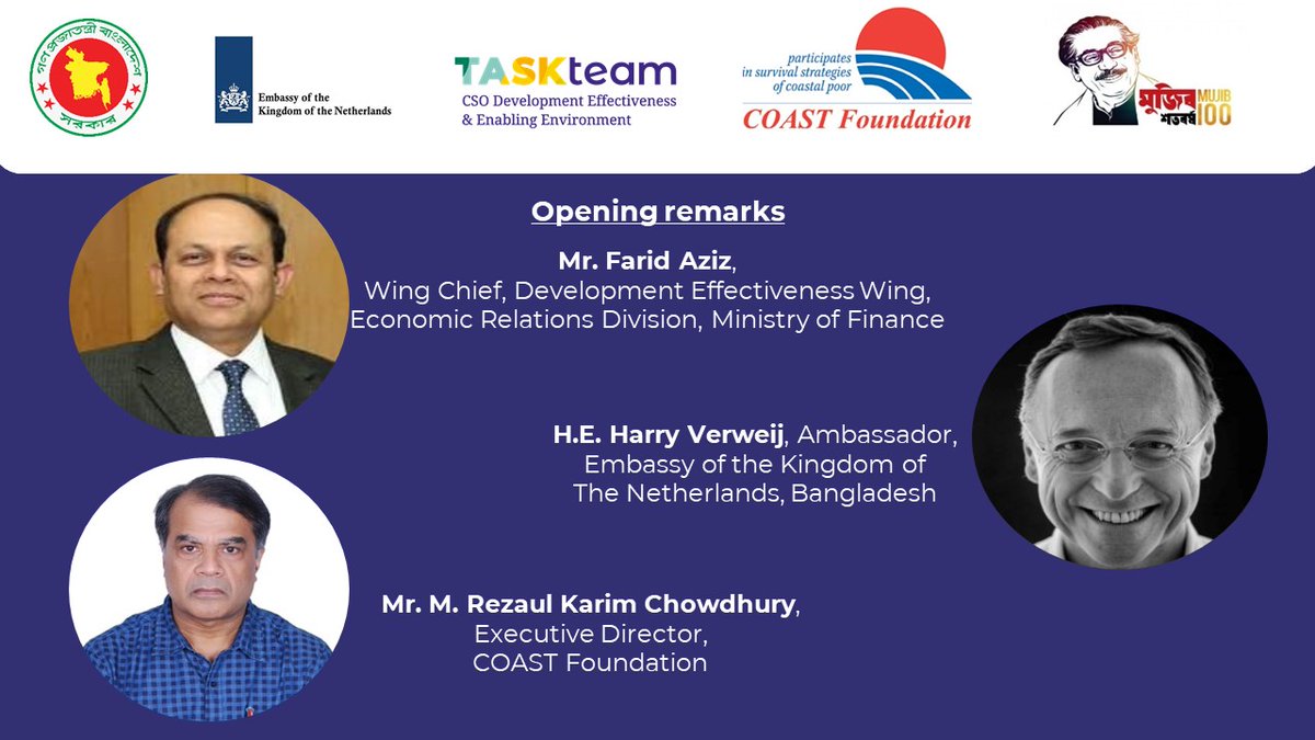TaskTeamCSO's tweet image. Kicking off the 1st virtual multi-stakeholder workshop on effective engagement of #civilsociety in development with opening remarks by Mr. Farid Aziz @erd_bd, the Netherlands ambassador to Bangladesh H.E. @HarryVerweij &amp;amp; Mr. Reza Chowdhury @RezaulKarimCho2 @trust_coast